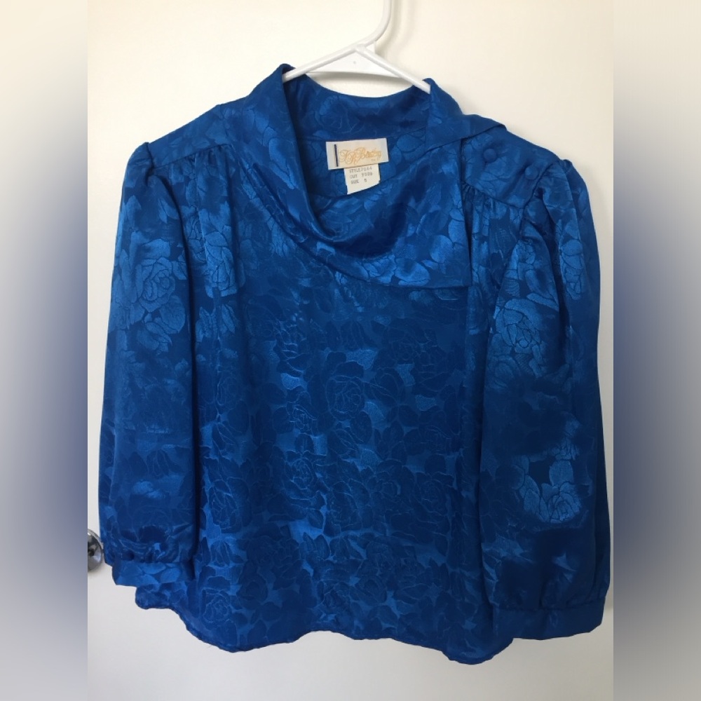 NWOT vintage 1980’s T R Bentley royal blue asymmetrical collar dressy blouse S